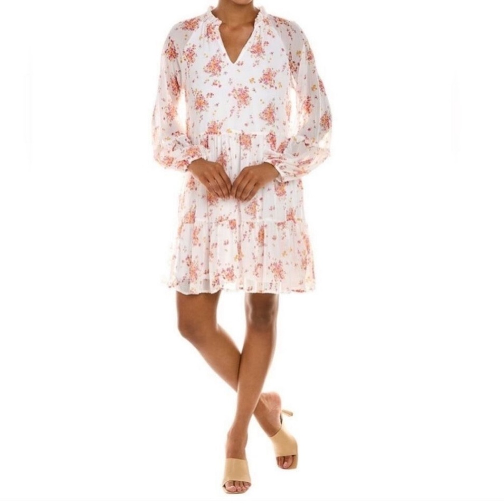 Vince Camuto Tiered Mini dress XXL floral white lined flowy long sleeve
